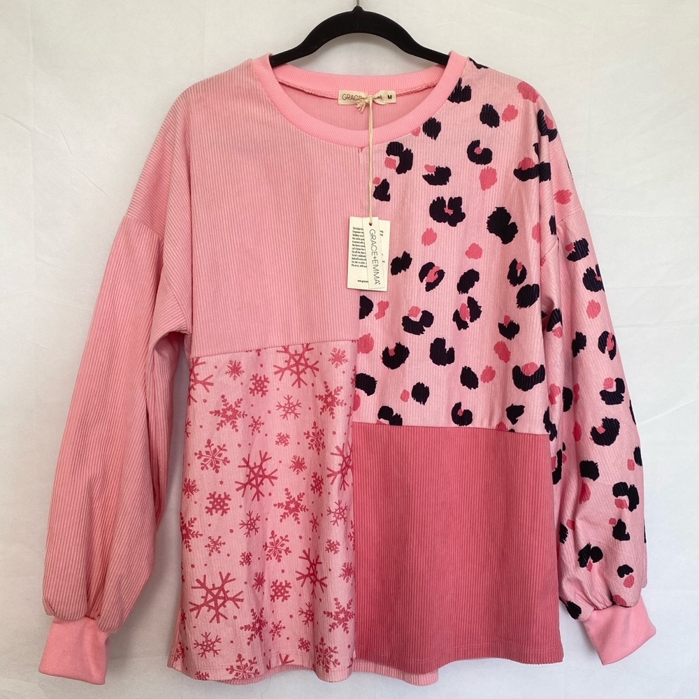 GRACE+EMMA Pink Patchwork Leopard Snowflake Tunic Top Size M